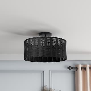 Farmhouse Woven Rattan 3-Light Drum Semi Flush Mount Ceiling Light Fixture