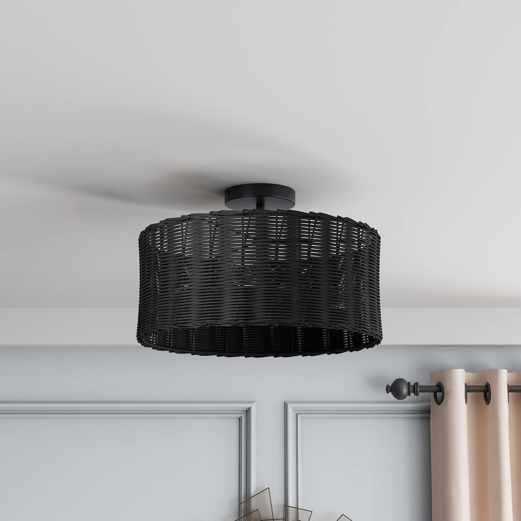 Farmhouse Woven Rattan 3-Light Drum Semi Flush Mount Ceiling Light Fixture