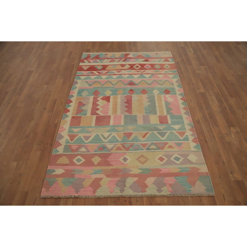 Hand Woven Oriental 100% Wool Carpet Southwestern Tribal Multi-Colored Kilim Area Rug - 6' 5'' X 4' 0''