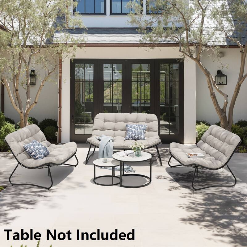 Double Papasan Chair Loveseat Conversation Cushioned Chair Seat for Indoor Outdoor - Beige - 3PC