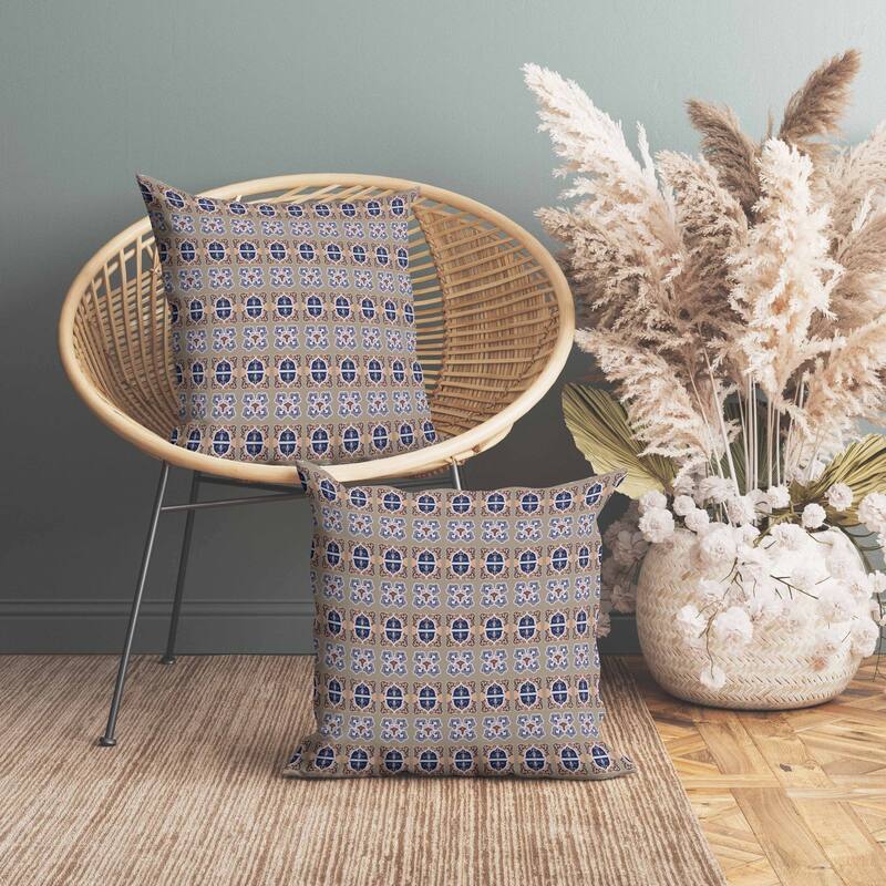 Darbari Dynasty Indoor/Outdoor Reversible Throw Pillow Blue and Hazelnut