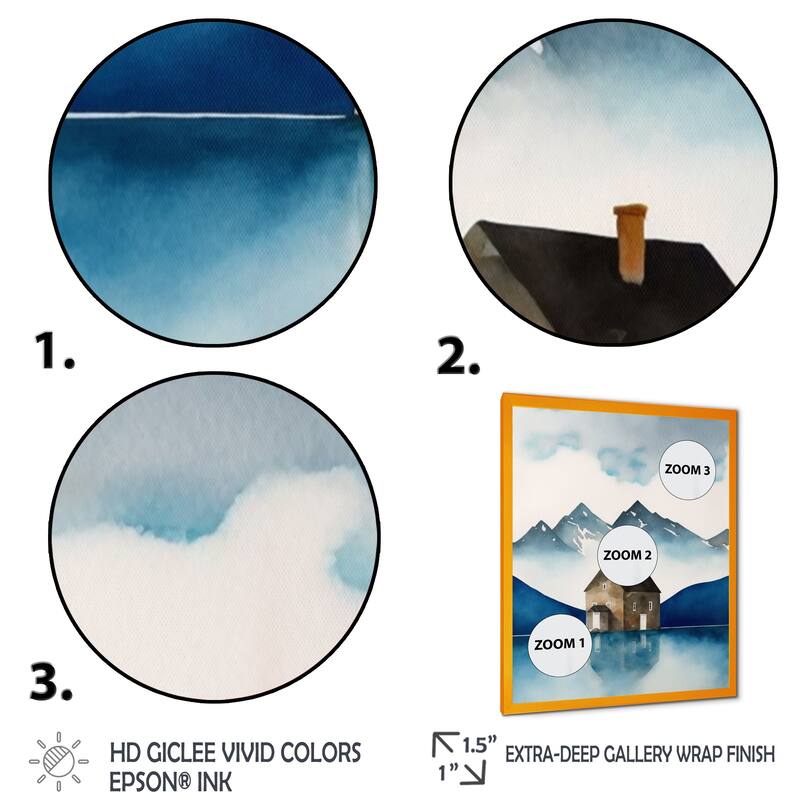 Designart "Cottage House By The Mountain Lake" Landscape Lake Framed Art Print