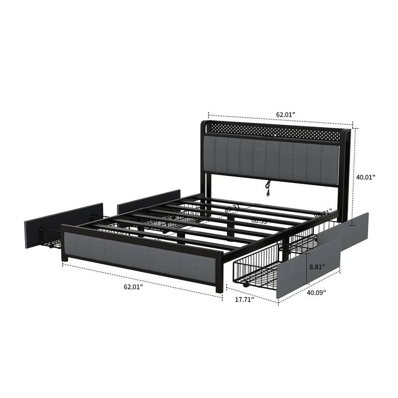 Contemporary Multifunctional Queen Size Linen Fabric Upholstered Platform Bed