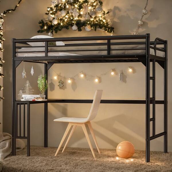 slide 2 of 19, Kids and Baby Twin Size Metal Loft Bed with Desk,Ladder,Guardrails,Bookdesk For Home Black