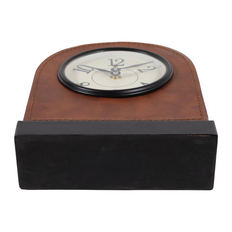 Iron Faux Leather Desk Clock Modern Casual - 8" Brown/White - 6.25" x 2.25" x 8.25"