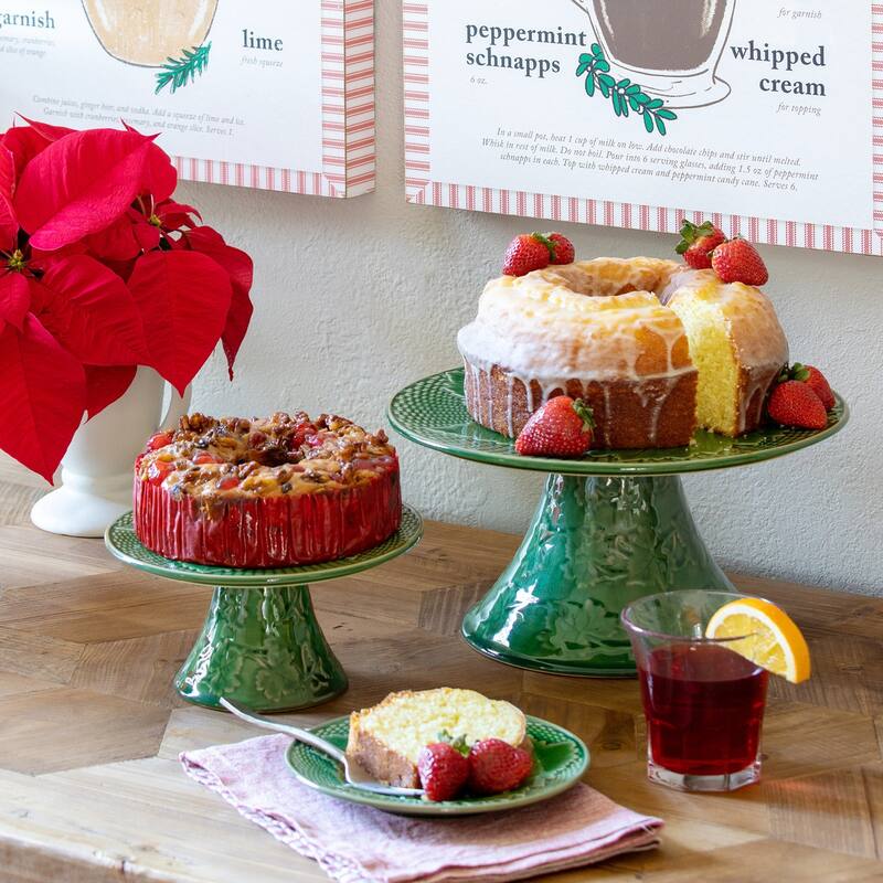Green Ceramic Cake Stand with Ornate Grape Leaf Design and Woven Basket Pattern