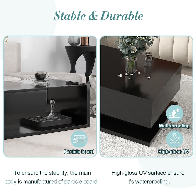 Roomfitters Modern Coffee Table with Tempered Glass Top, High Gloss 2-Tier Rectangle Center Table for Living Room