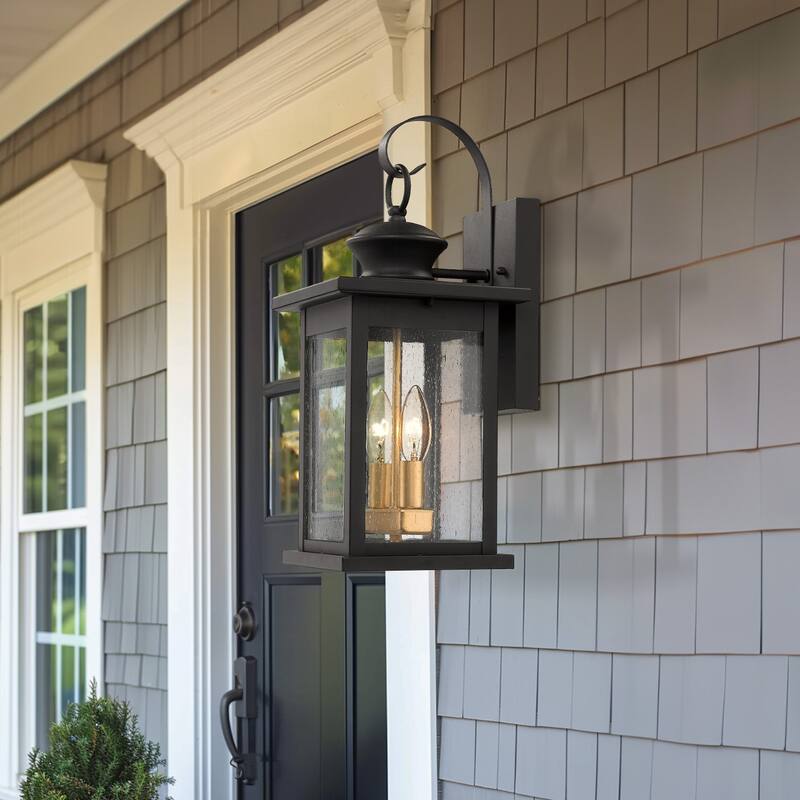 2-light Outdoor Wall Sconce Exterior Light With Seeded Glass - 7.8 x 8.9 x 17.7 inches - Black