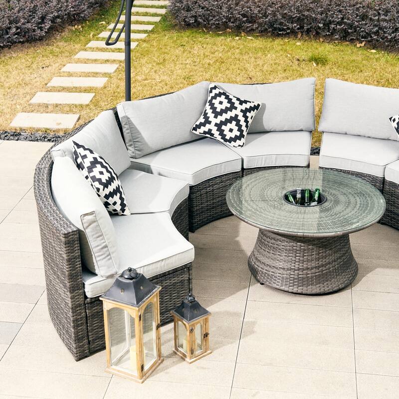 8-Seat Modular Patio Iron PE Rattan Sofa Set with Round Coffee Table