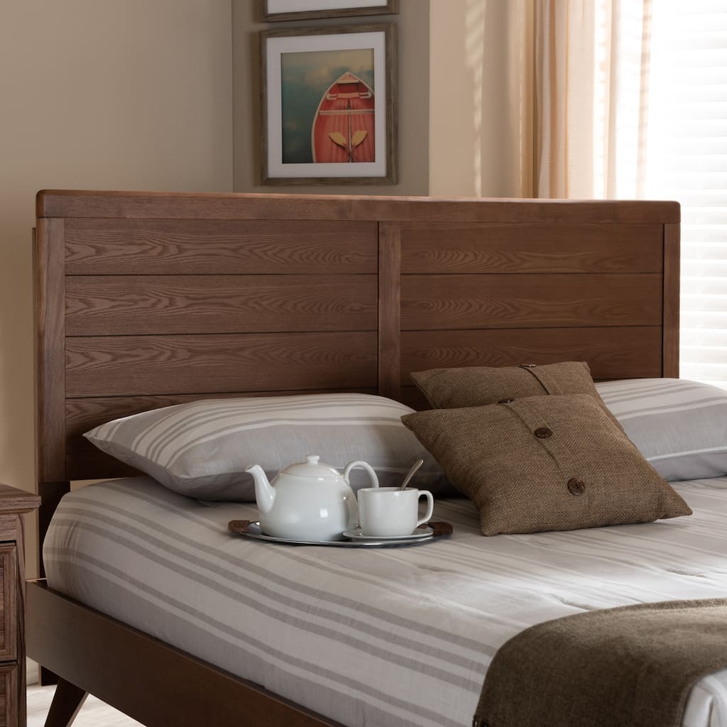 Mid-Century Modern Walnut Brown Wood Queen Size Headboard with Clean Lines and Warm Vintage Inspired Finish