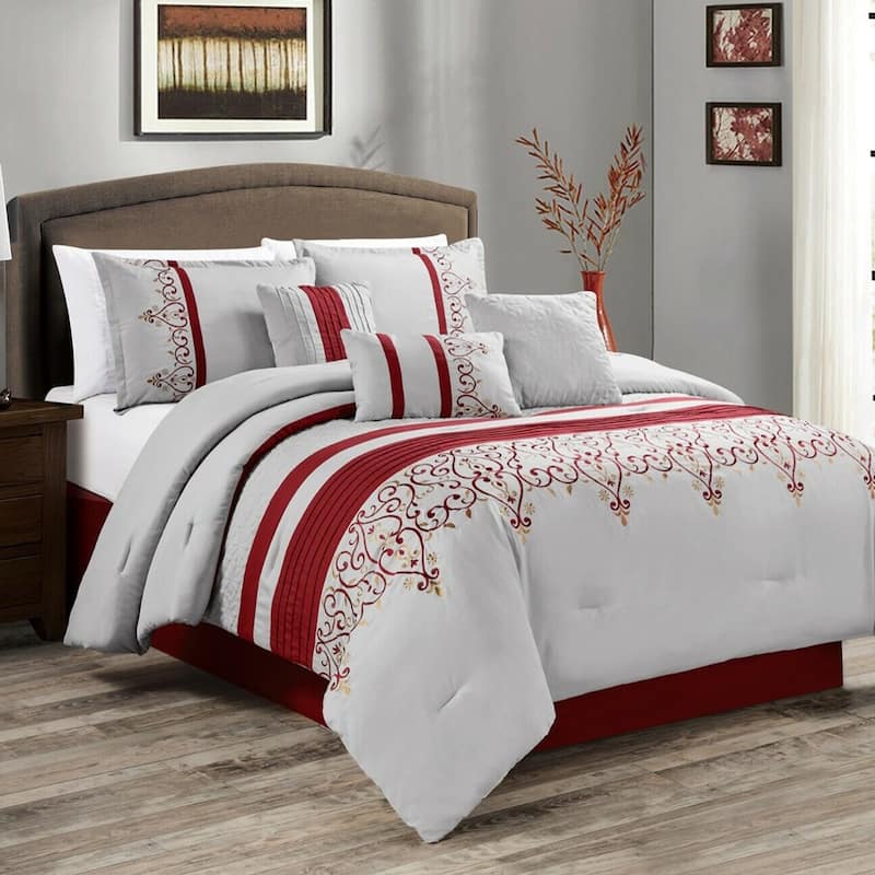 Embroidery Comforter Set 7 Alternative Queen Burgundy Bed Bath & Beyond 37316347
