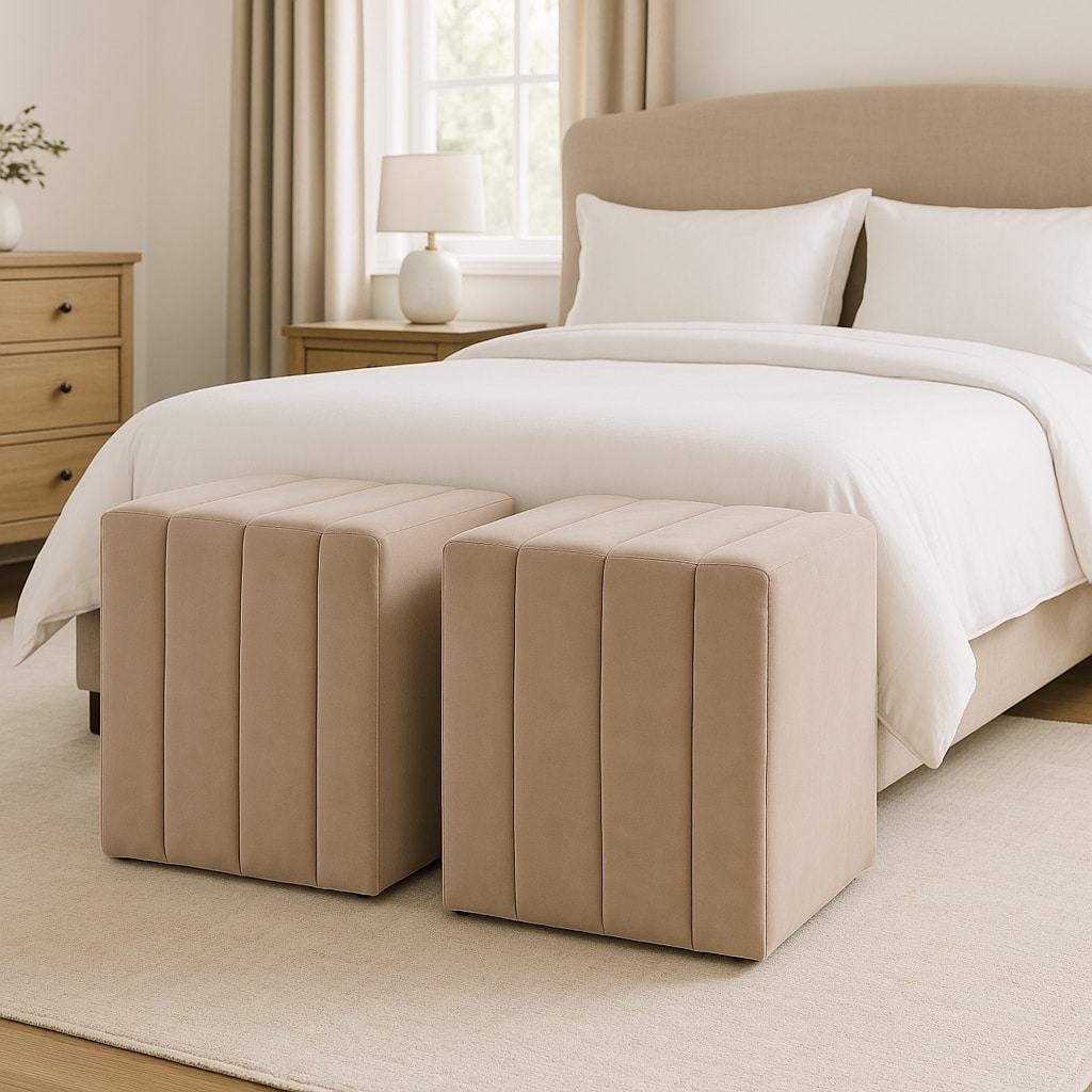 Square Upholstered Ottoman - Compact Pouf Footstool - 19", Tan