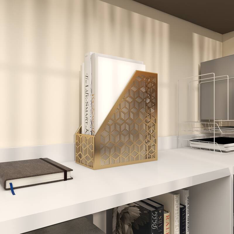 Gold Metal Single Slot Geometric Magazine Holder with Laser Carved Design