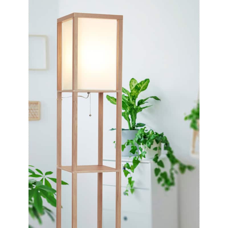 Brightech Maxwell 63 in. Natural Wood Traditional LED Super Bright 3-Shelf Floor Lamp with White Fabric Square Shade