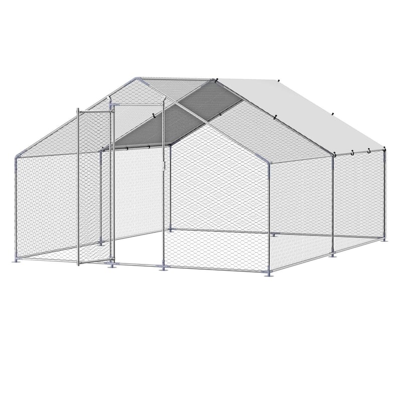 Silver Galvanized Steel Chicken Coop with Protective Net and PE Tarp Cover
