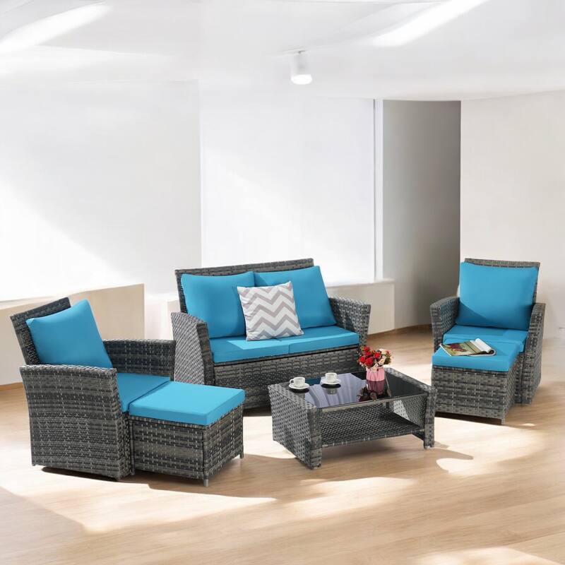 6-Piece Wicker Patio Furniture Set with Cushions & Coffee Table & Ottomans, Sofa for Outdoor Garden, Patio, or Balcony