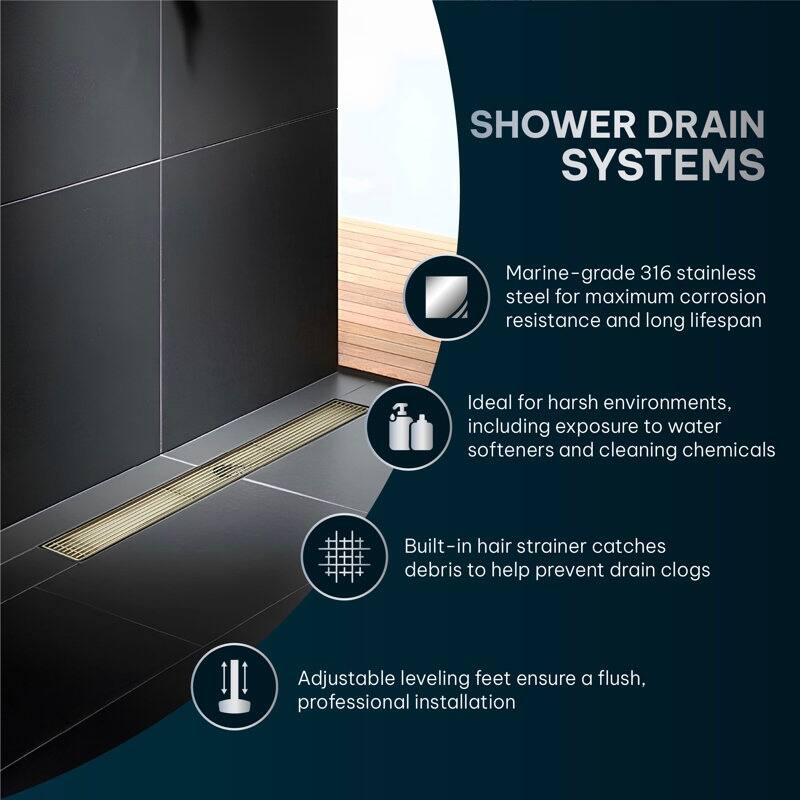 Oceanic Linear Shower Drain, Marine-grade 316 Stainless Steel, Grid Cover with Hair Strainer