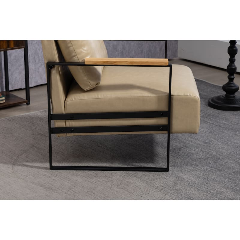 Khaki PU Modern PU Upholstered Accent Chair with Sturdy Metal Frame and Waist Cushion
