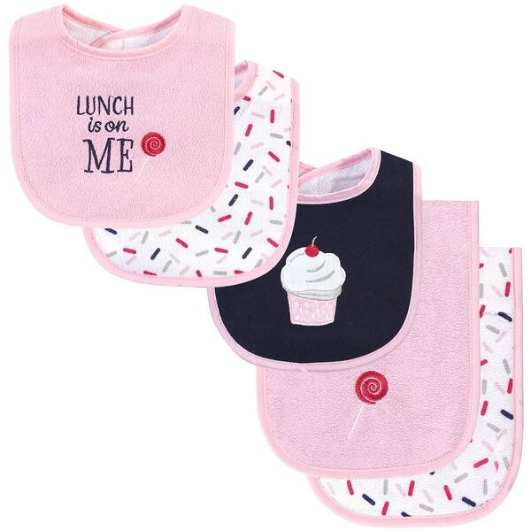 slide 1 of 1, Hudson Baby Infant Girl Cotton Terry Bib and Burp Cloth Set 5pk, Cupcake, One Size - Cupcake - One Size