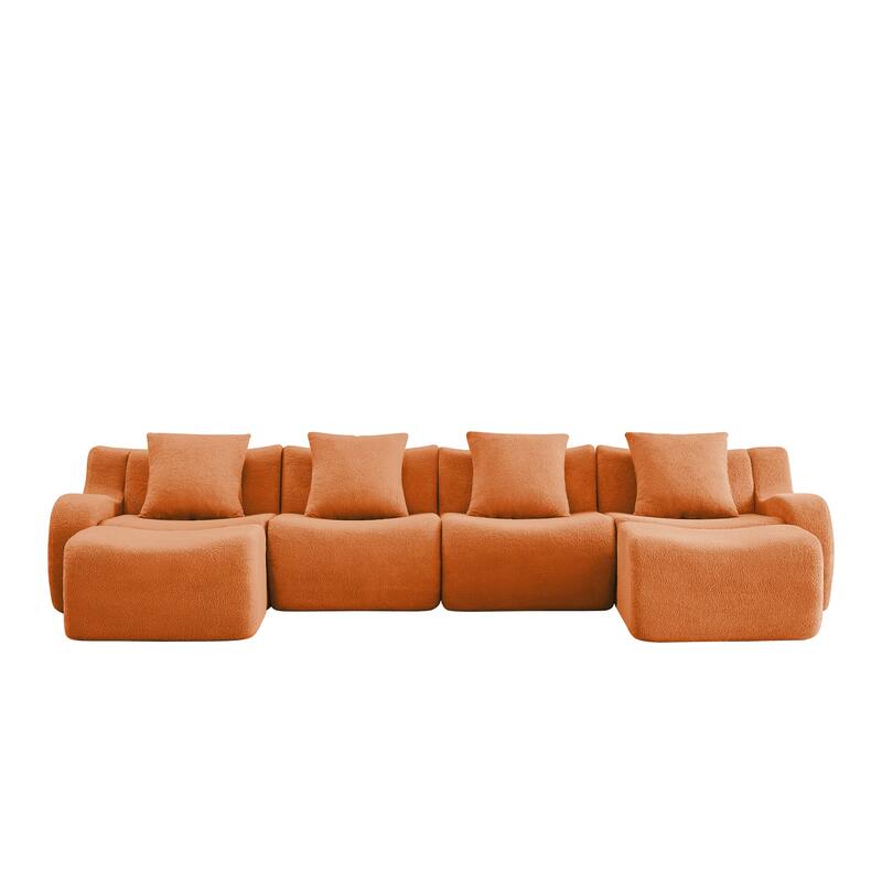 118" Modern U Shaped Modular Sectional Sofa, Boneless Couches for Living Room with Ottoman, 4 Seater Teddy Fabric Couch Sofa Set