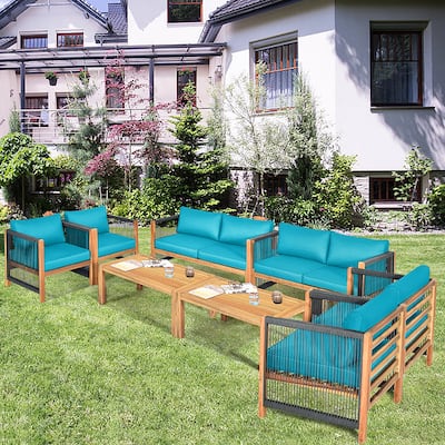 Costway 8PCS Wooden Patio Furniture Set Cushioned Sofa W/Rope Armrest
