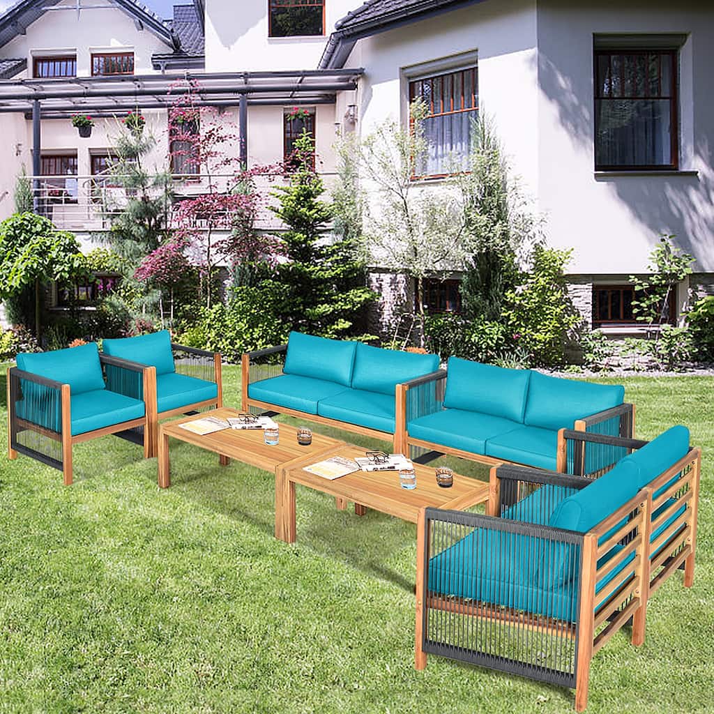 Costway 8PCS Wooden Patio Furniture Set Cushioned Sofa W/Rope Armrest