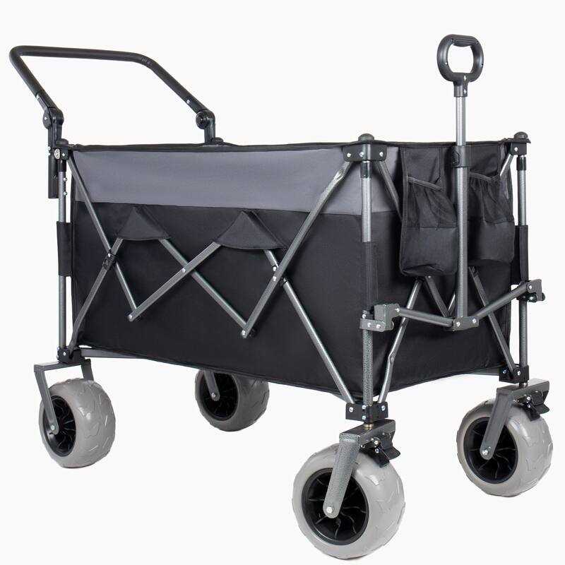 Multi-Functional Push-Pull Folding Wagon Cart with Rotating Handle & Canopy, 9"x4" Beach Tires, 300L Large Capacity