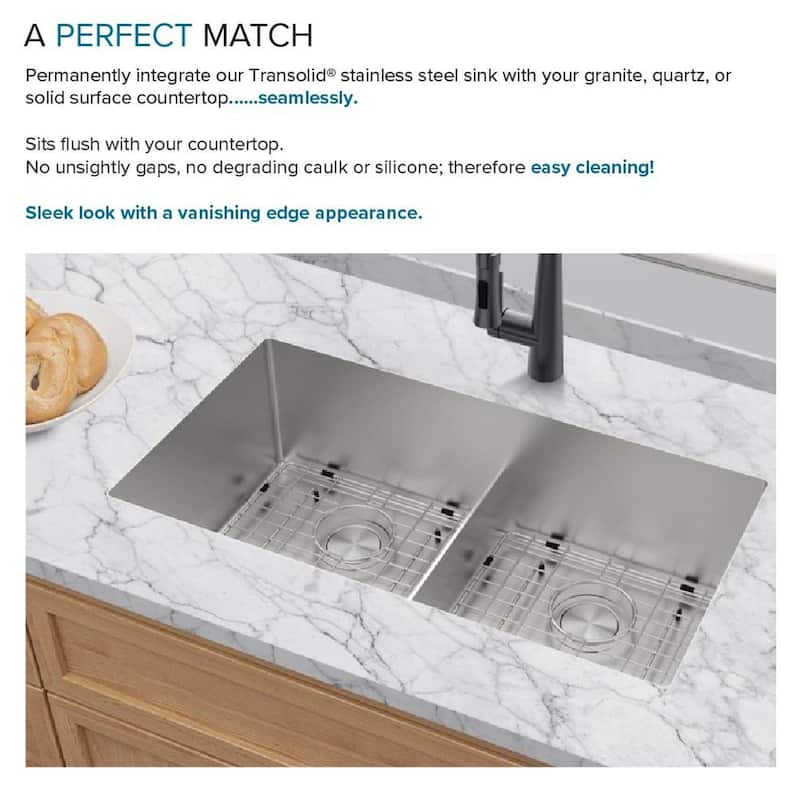 Transolid RDE321710 32-in X 17-in Rimless Double Bowl Kitchen Sink, Stainless Steel