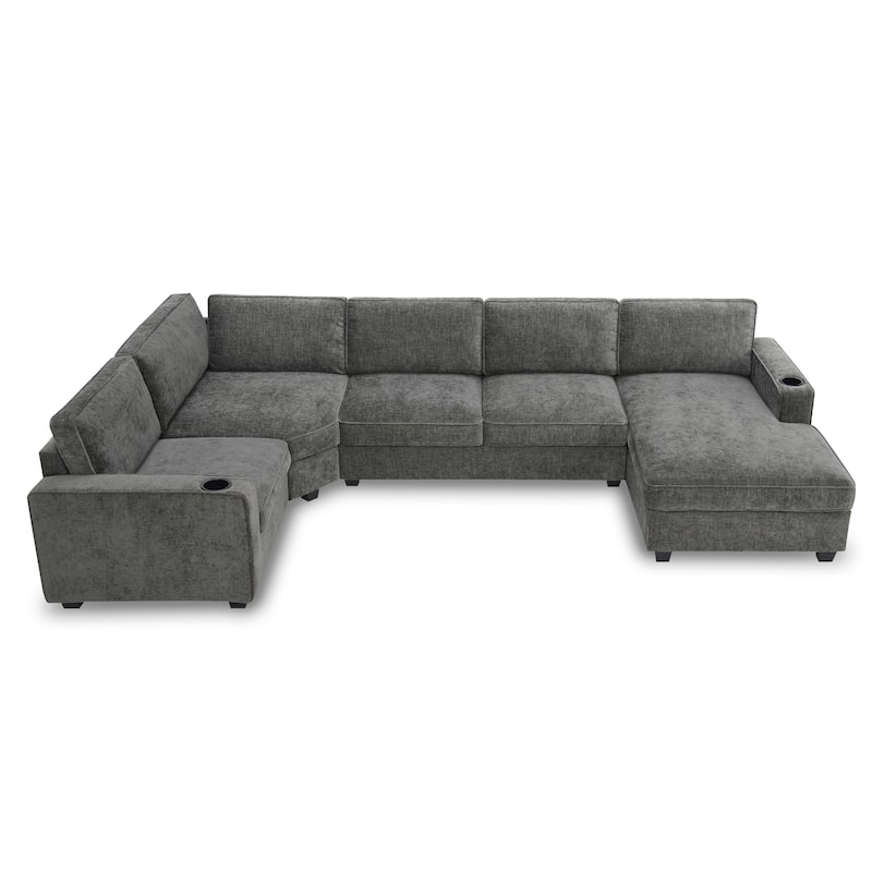 U-Shaped Sectional Sofa Sleeper Bed Chaise Lounge with Cup Holders