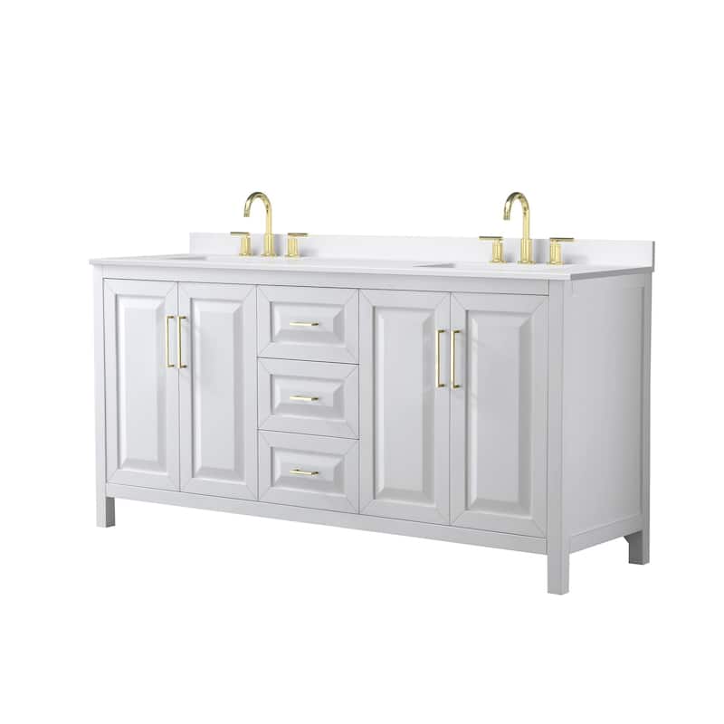 Daria 72-inch Double Vanity, 3 Hole Quartz Top - White, Gold Trim, White Quartz Top