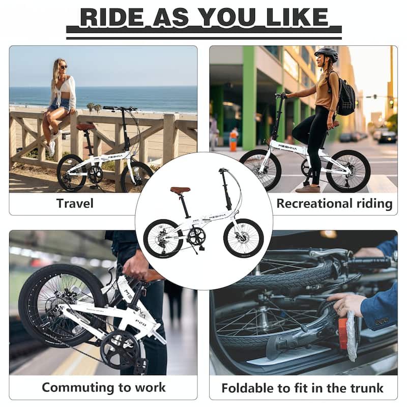 20" Lightweight Aluminum Frame, 7-Speed Folding City Bike,White