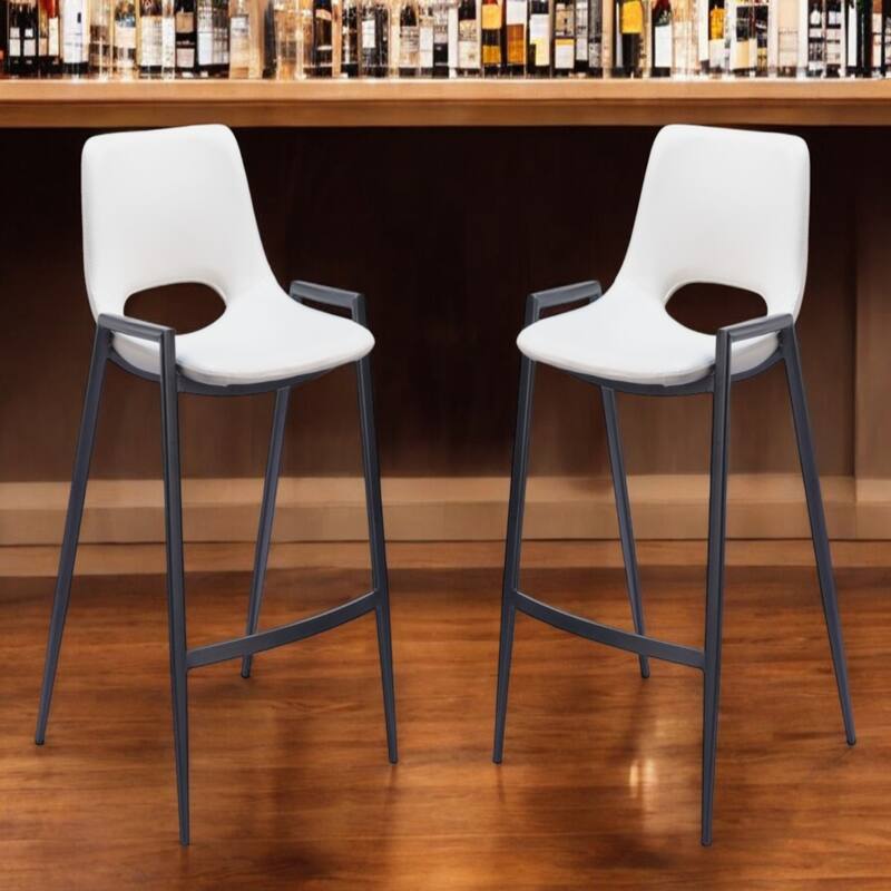 Set of 2 Faux Leather Low Back Chairs with Steel Frame and Footrest - White-Black-26-Inch