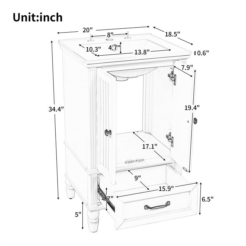 20" Bathroom Vanity with Ceramic Sink Combo, Modern Bathroom Storage Cabinet with 2 Doors and 1 Storage Drawer