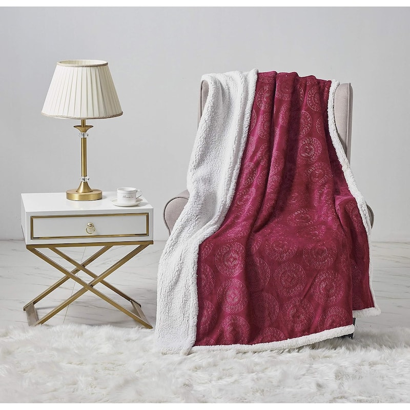 Bon Iver Collection by Décor&More Extra Soft Mandala Embossed Microplush Throw Blanket with Sherpa Backing (50 x 60) - Burgundy