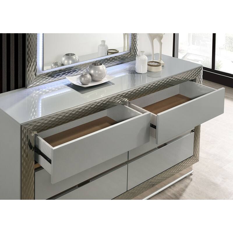 Glam Gray Finish Bedroom Furniture Set with LED Headboard and Mirror