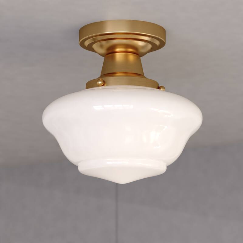 Eastgate 8.75-in W Traditional Semi Flush Mount Ceiling Light White Schoolhouse Glass - 8.75-in W x 8.5-in H x 8.75-in D - Antique Gold