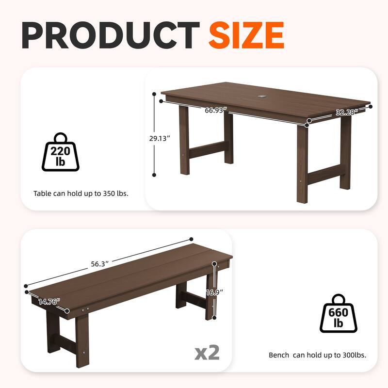 3-Piece HDPE Outdoor Dining Set with Umbrella Hole Table and Two 2-Person Benches