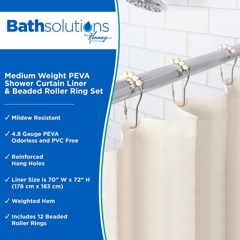 Kenney Medium Weight PEVA Shower Curtain Liner & Beaded Roller Ring Set, 70" W x 72" H