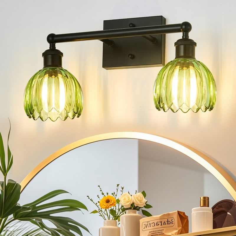 Modern Vintage Bathroom Vanity Light - Patterned Glass Shade E26 Bulb Base - 2-Lights - Green