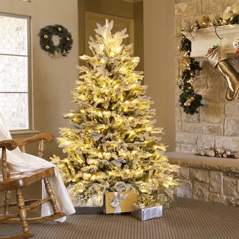 Costway 4.5 FT/6FT/7FT Pre-Lit Christmas Tree Snow Flocked Hinged Xmas