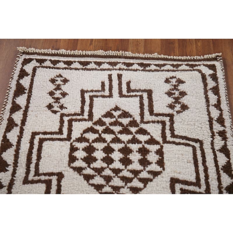 Geometric Anatolian Turkish Runner Rug Handmade Beige Wool Carpet - 3'1"x 11'6"