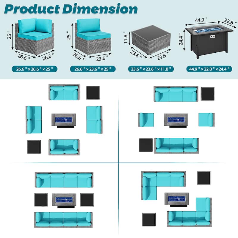 11 Piece Sectional Seating Group with Fire Pit and Cushion