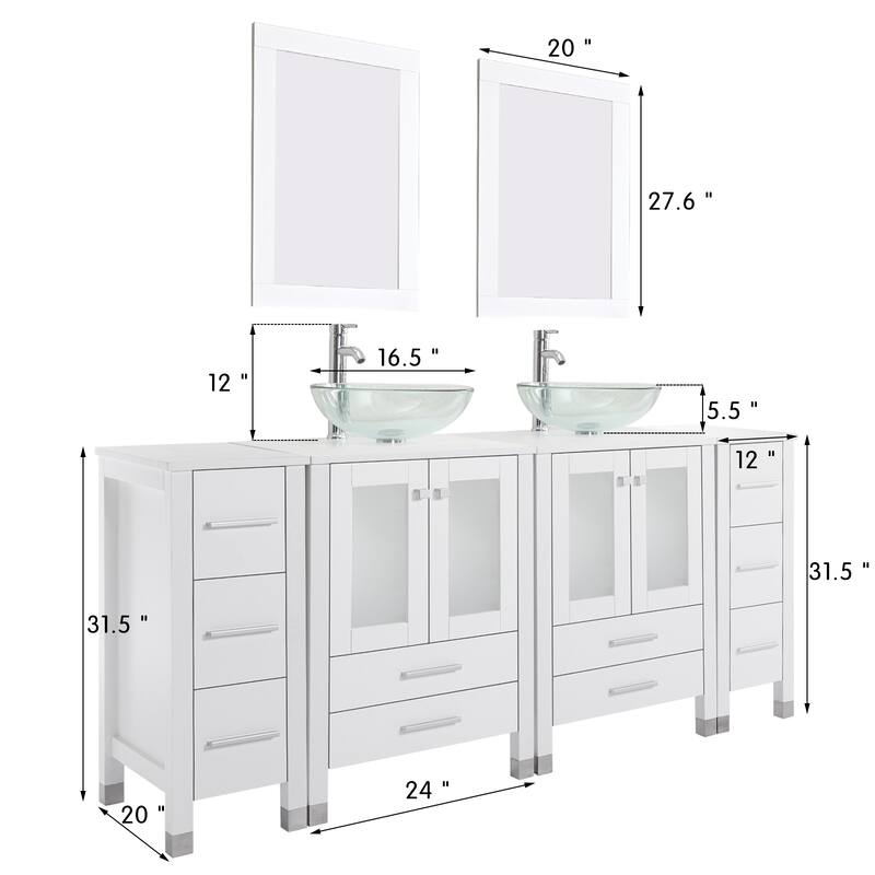 72" Bathroom Vanity Set with Vessel Sink Side Cabinet Combo - clear round sink - White