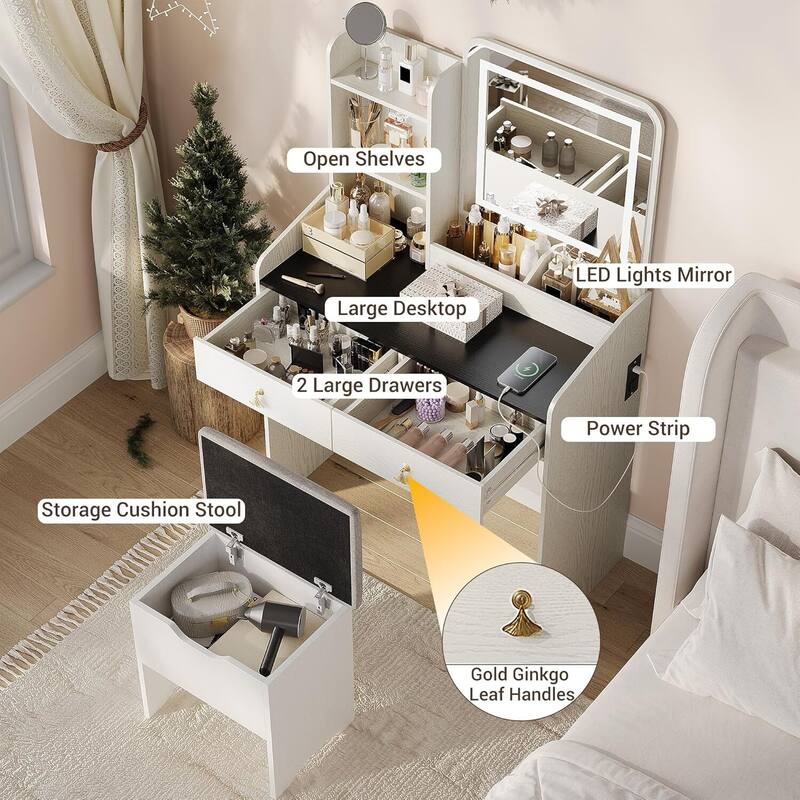 2 Drawers Makeup Vanity Table with LED Light Mirror and Charging Station