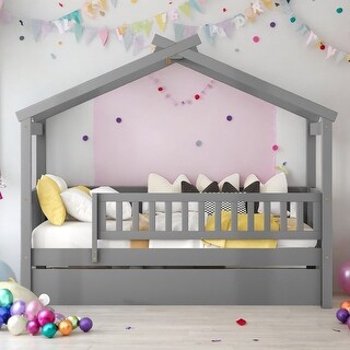 Twin Size Wooden House Bed Platform Bed With Twin Size Trundle,Solid Construction For Bedroom