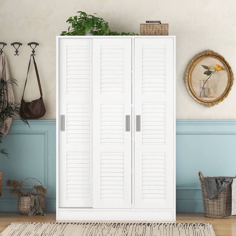 Tall Shutter Armoire Cabinet for Bedroom, Sliding Barn Door Wardrobe with Storage Shelves and Hanging Clothes Rod, White