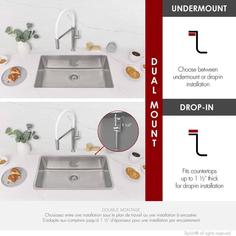 Stylish Dual Mount 30" Stainless Steel Single-Bowl Kitchen Sink S-411 - 30" x 18" x 9"