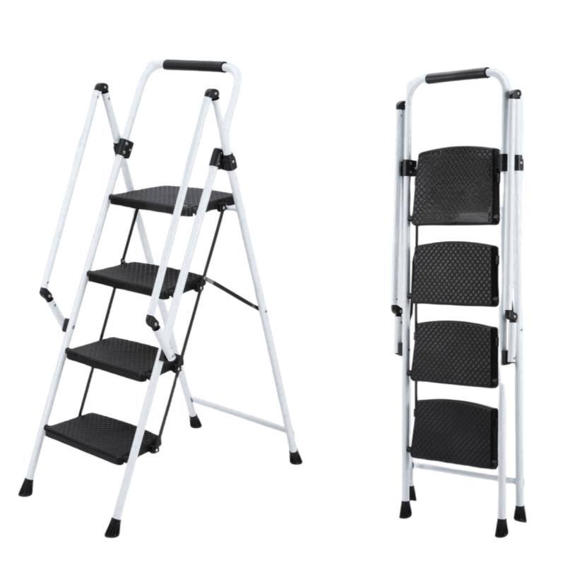 Anmytek 4 Step Folding Ladder with Wide Anti Slip Pedals and Safety Handrail Sturdy Steel Step Stool White - Black