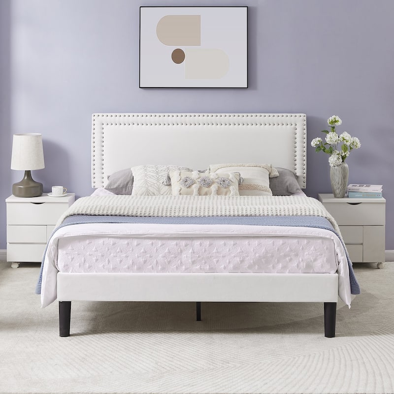 VECELO White 4 Piece Bedroom Set Upholstered Height-Adjustable Bed Nightstand Standing Jewelry Cabinet