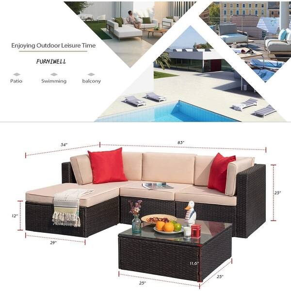 Furniwell 5 Pieces Patio Sectional Sofa Sets Rattan Conversation Sets